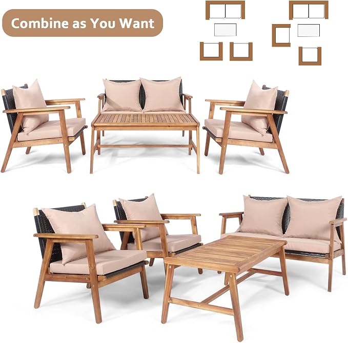 Tangkula 4-Piece Patio Furniture Set, Outdoor Acacia Wood Conversation Set with Cushions and Coffee Table, Outdoor PE Wicker Sectional Sofa Set for Garden, Poolside and Backyard (1, Beige)