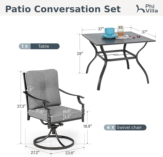PHI VILLA 5 Pieces Outdoor Dining Set for 4, Square Wrought Iron Table with Umbrella Hole & Swivel Metal Steel Gray Chairs, Modern Dining Furniture Set with Cushions for Patio, Deck, Yard, Porch