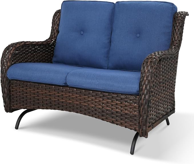 Patio Loveseat Wicker Loveseat Rattan Glider Sofa with Curved Armrest Thicking Back & Seat Cushions for Garden Balcony Backyard Brown Wicker|Blue Cushions (A) Patio Loveseat Glider