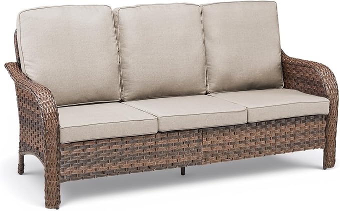Luxury Outdoor Patio Furniture Set-Wicker High Backrest 3-Seat Patio Sofa with Comfy 6" Cushion, Rattan Couch with Deep Seat All-Weather Patio Conversation Set for Deck Backyard Garden(Gray/Beige)