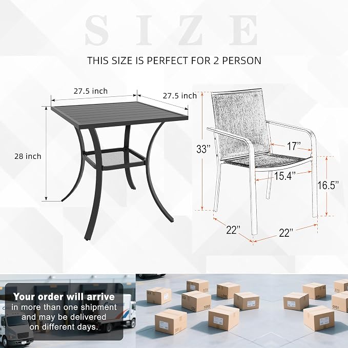 Patio Small Dining Set of 3 with 27.5" Square Table, Black Stacking Chairs | Stackable Chairs, Metal Square Table, Slat Table Top, 2 Person Use, All Weather, Textilene fabric Seat and Back