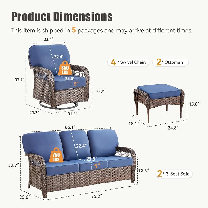 8 PCS Patio Furniture Set Outdoor Sectional Sofa Couch with Rocking Swivel Chairs 5" Deep Seat Chairs, Modern Wicker Rattan Conversation Set, Blue/Brown Wicker