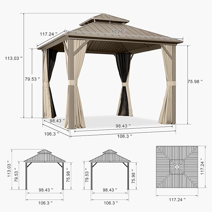 PURPLE LEAF 10' x 10' Hardtop Gazebo, Champagne Outdoor Aluminum Gazebo with Galvanized Steel Double Roof, Curtains and Netting for Patio Lawn and Garden