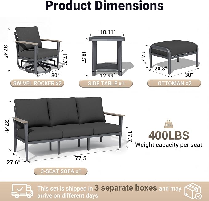 Aluminum Outdoor Patio Furniture Set, 6-Piece Outdoor Sofa with 5.1" Thick Cushions, Swivel Rocking Chairs, Outdoor Couch with Ottomans, for Porch, Garden, Black