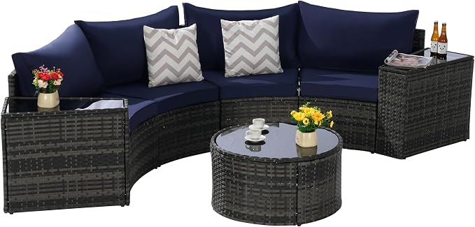 KEIKI 7-Piece Half-Moon Outdoor Patio Furniture Set, Rattan Patio Conversation Set with Coffee Table & 2 Sofa Side Table & 4 Curved Armless Sofa, Wicker Curved Sectional Sofa Set, for Backyard, Blue