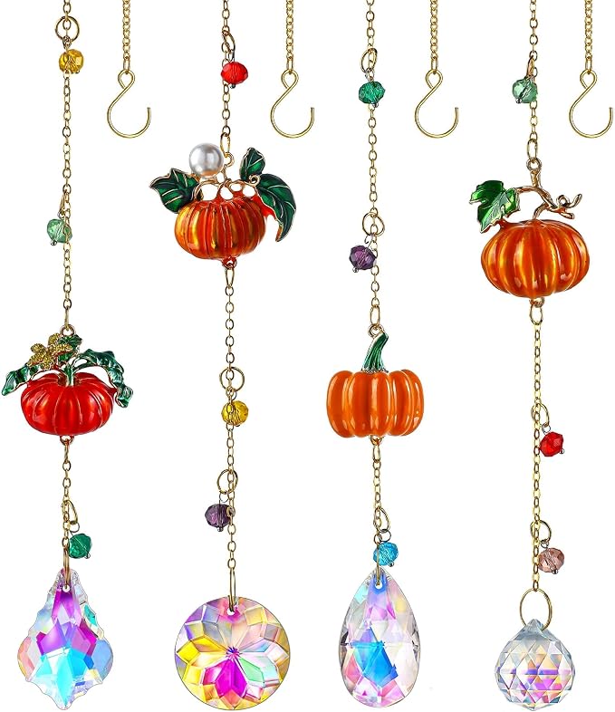 4pcs Fall Pumpkin Suncatchers Crystals Sun Catchers Indoor Window Hanging | Thanksgiving Christmas Tree Decoration for Farmhouse Harvest Autumn Home Party Decor,halloween decorations,gift for women mom