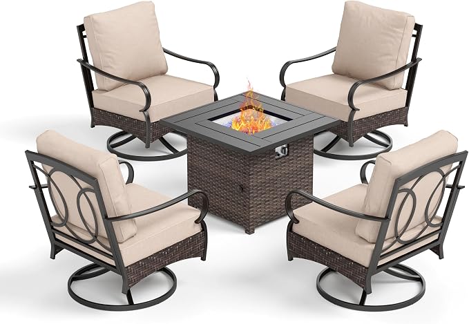 Patio Furniture Set with 32" Fire Pit Table, Patio Conversation Sets 4 Swivel Chairs with Thick Cushion and 50000 BTU Fire Pit Table (5 Pieces,Beige)