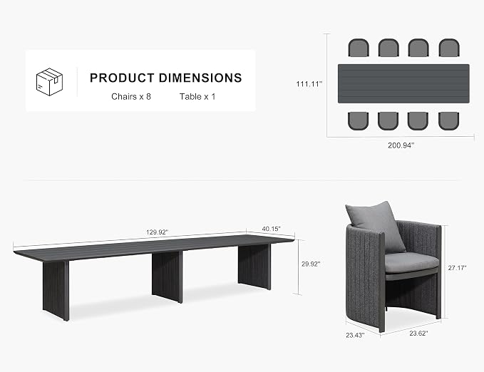 PURPLE LEAF 130-Inch Aluminum Patio Dining Set for Luxury Homeowners, 9-Piece Outdoor Furniture Rectangular Table and Chairs Set with Olefin Cushions and Pillows for Backyard Poolside Hosting Grey