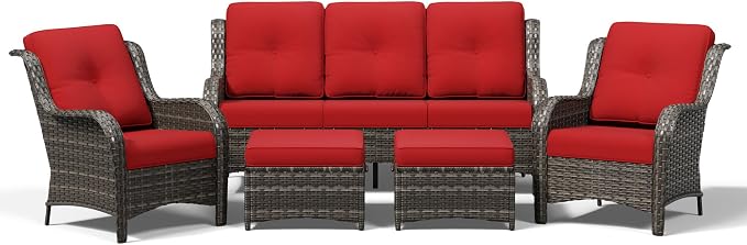 Joyside 5 Piece Wicker Patio Furniture Set, Rattan Patio Chairs with High Back, Deep Seating, Wide Armrest, Thickened Cushions, Outdoor Furniture for Deck, Porch Use