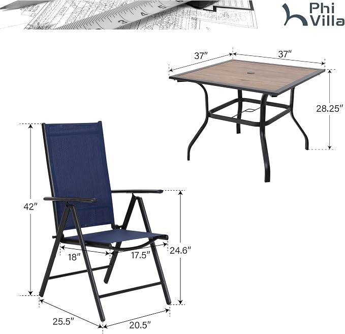 PHI VILLA 5-Piece Patio Dining Set for Outdoor, Patio Table and Chairs Set with Square Wooden-Like Table & Patio Folding Sling Chairs (Blue)