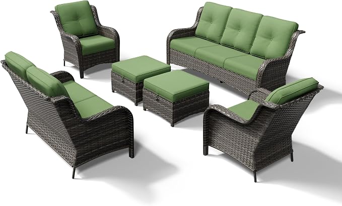 Joyside 6 Piece Wicker Patio Furniture Set, Rattan Patio Chairs with High Back, Deep Seating, Wide Armrest, Thickened Cushions, Outdoor Furniture for Deck, Porch Use
