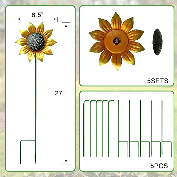 Metal Sunflower Wind Spinners,5 Pack Flower Outdoor Yard Garden Stakes | Metal Wind Spinner for Yard Stake,Patio,Lawn Outdoor Decorations