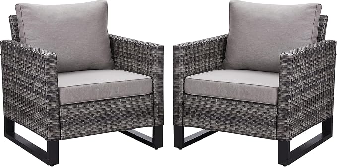Belord Oversize Patio Chairs Set of 2 Outdoor Wicker Dining Chairs, All-Weather Rattan Patio Club Chair Furniture Sets with Water-Resistant Cushion Anti-Rust Frame Gray