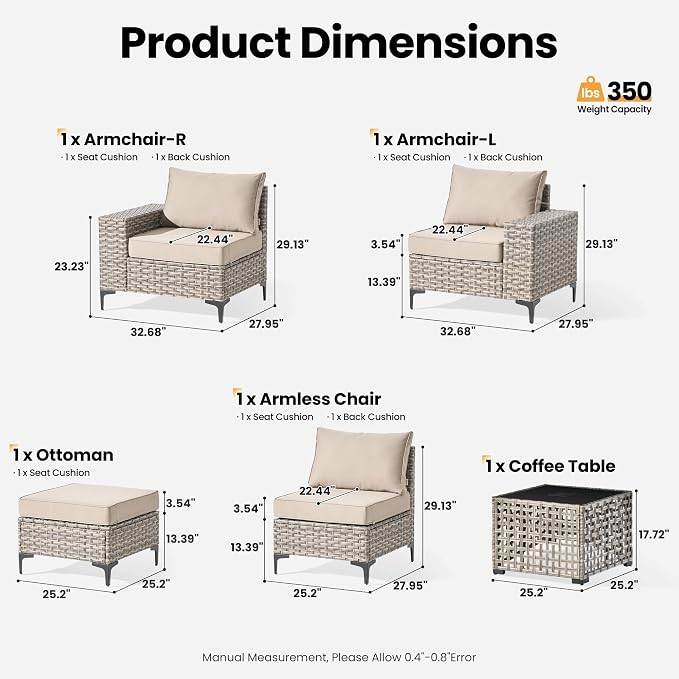 ovios 5-Piece Patio Furniture Set with L-Shape Sofa Chaise, Outdoor Sectional Couch Solar Table, Modern Modular Wicker Rattan Conversation Set, Beige
