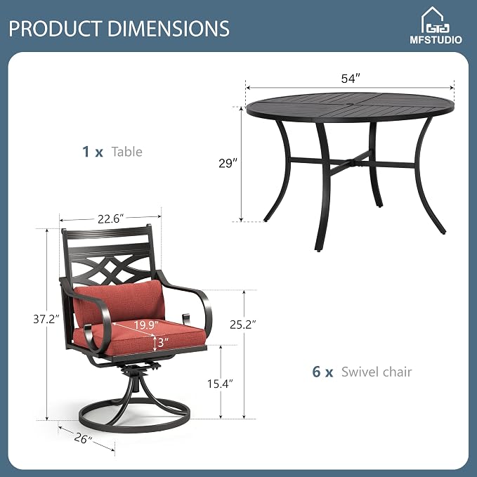 MFSTUDIO 7-Piece Patio Dining Set, 54" Round Metal Table, Swivel Chairs | Umbrella Hole, Red
