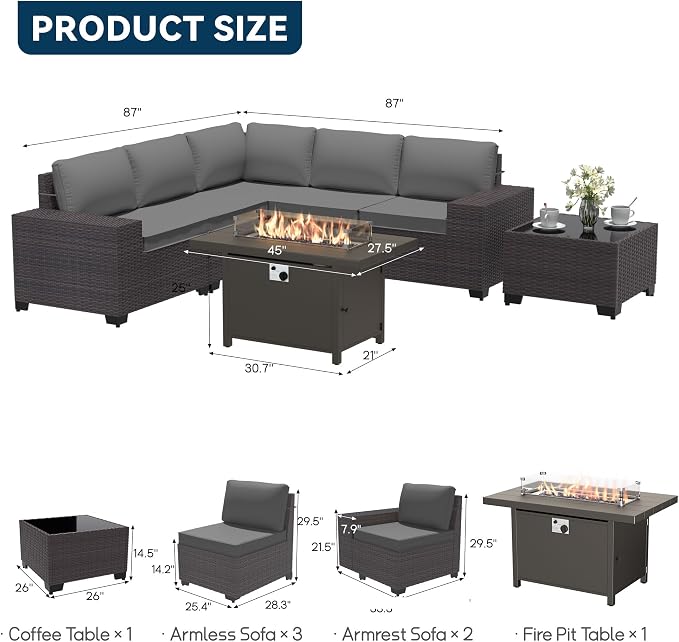 Patio Furniture Set 7 Pieces Outdoor Furniture Patio Conversation Set w/43in Aluminum Gas Fire Pit,PE Rattan Wicker 7 Pcs Outdoor Sofa Set w/55000 BTU Propane Fire Pit Table,Grey