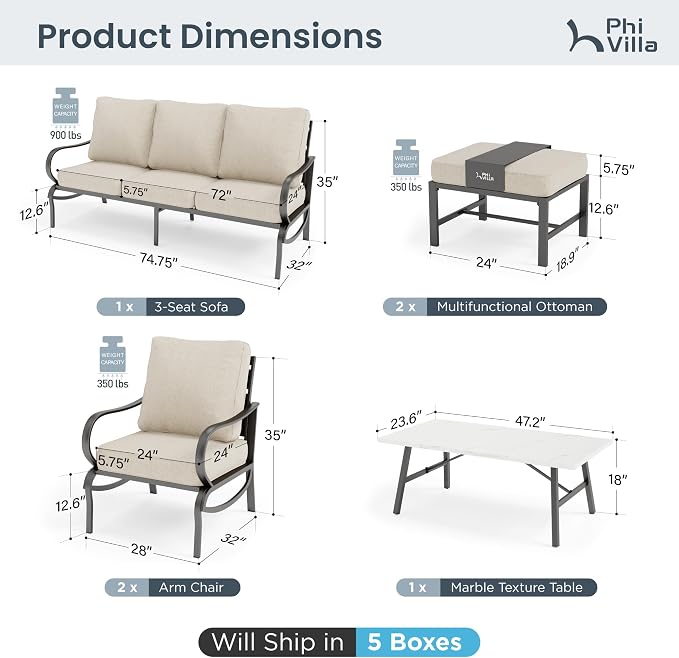 PHI VILLA Patio Furniture Set for 5 Person, Outdoor Furniture with 1 x 3 Seater Cushioned Deep Seating Bench, 2 x Armrest Sofa Chairs & 2 x Metal Cushioned Ottoman