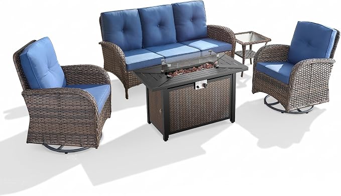 5 Piece Patio Furniture Set with Fire Pit Table - Wicker Patio Conversation Set with Swivel Glider, 3-Seat Sofa, Tempered Glass Side Table for Deck Backyard - Brown Wicker Blue Cushion