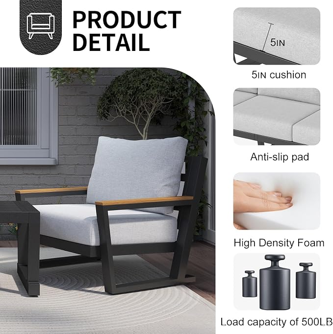 Aug-guan Aluminum Outdoor Sofa,5 Seats Modern Patio Furniture Set,Sectional Sofa Conversation Set with Coffee Table, Upgraded Washable Cushions for Garden Backyard,Grey