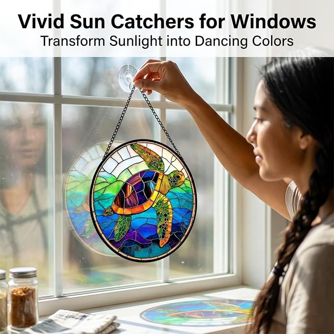 Birthday Gifts for Women - Blue Sea Turtle Faux Stained Glass Window Hanging Sun Catcher for Door Garden Acrylic Decor Mother's Day Christmas for Mom Men Nana Grandma Sisters 6.3"