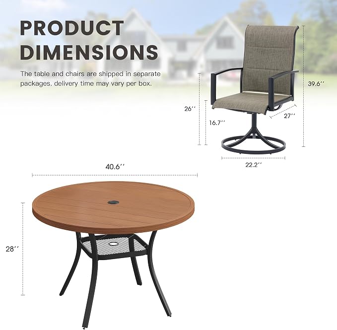 Outdoor Dining Set for 4, 40.6" Outdoor Dining Table with Umbrella Hole and Padded Textilene Patio Swivel Chairs, 5 Pieces Patio Table and Chairs Set for Garden Backyard, Mixed Brown and Walnut