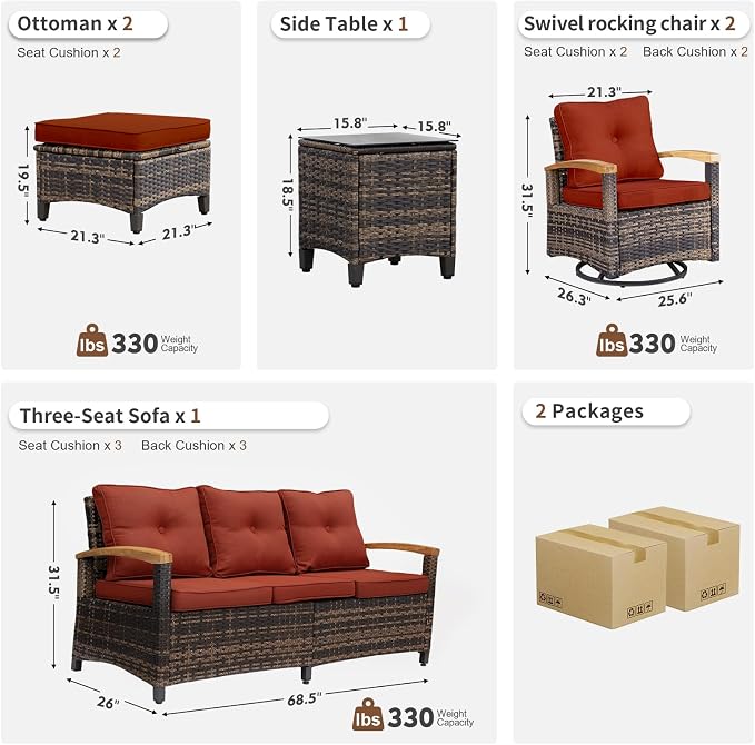 MEISSALIVVE 6 Pieces Patio Furniture Sets,Wicker Patio Conversation Sets with 2 Wood Armrests Swivel Glide Chairs, 2 Ottomans for Deck Yard and Poolside (Red)