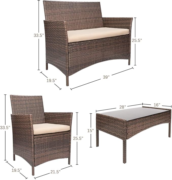 Devoko 4 Pieces Outdoor Patio Furniture Set, PE Rattan Wicker Chairs Balcony Lawn Porch Patio Furniture Sets with Beige Cushion and Table (Brown)