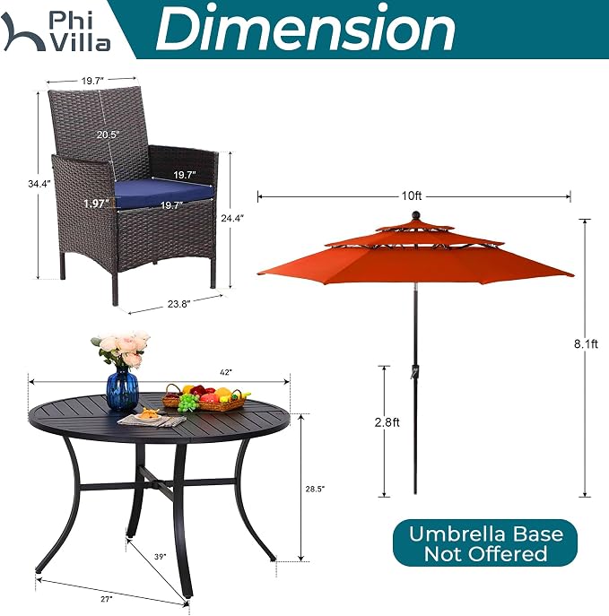 PHI VILLA 5pc Patio Dining Set with Umbrella, Round Table, Rattan Chairs | Outdoor Dining Set for 4, 42" Metal Table & 4 Cushioned Rattan Chairs with Red Umbrella for Outdoor, Deck, Yard, Porch