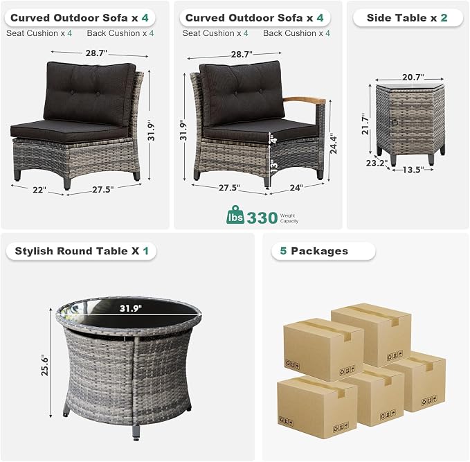 MEISSALIVVE 11-Piece Half-Moon Curved Outdoor Patio Furniture Set, Sectional Conversation Sofa with Wood Armrests, Round Coffee Table for Backyard Deck Garden, Black
