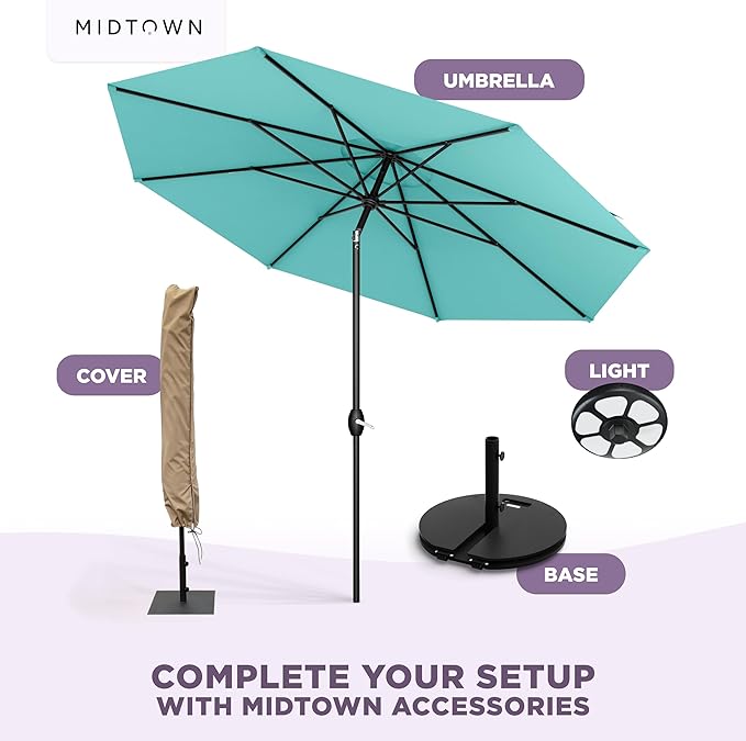 Midtown Umbrellas - The Lean 10 Ft Patio Umbrella with Fade-Resistant Sunbrella Fabric, Auto-Tilt Aluminum Frame and 8 Reinforced Ribs for Deck, Pool & Garden - Canvas Glacier Canopy, Black Pole