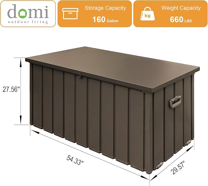 Domi 160 Gallon Deck Box, Outdoor Metal Lockable Storage Cabinet, Waterproof Steel Outdoor Bench with Lockable Lid, Side Handles & Rolling Casters for Outside Cushions, Pillows, Garden Tools, Brown