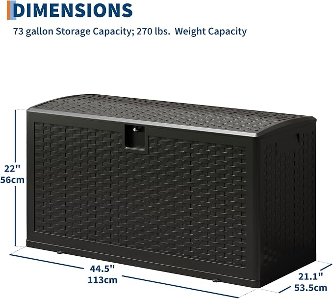 Patikuin Spacious 73 Gallon Outdoor Storage Deck Box – Waterproof, Lockable Resin Bench Organizer – Imitation Rattan for Patio Cushions, Garden, Pool, Package Delivery – Color: Black - 1 – Specs: