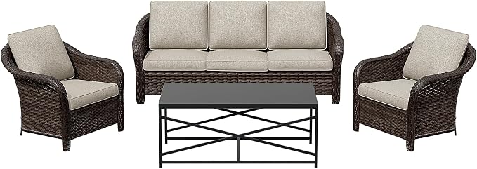 4 Pieces Patio Outdoor Conversation Furniture Set, 78" 3-Seat Couch, 2 Chairs, 47" Metal Coffee Table, Rattan Wicker Sofa with Washable Cushions for Garden, Deck (Beige)