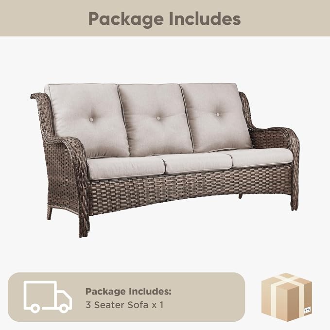 Belord Patio Sofa Luxury PE Wicker 3-Seater Outdoor Couch, Modern All-Weather High Back Deep Seat Woven Furniture Set for Porch, Deck, Balcony, Backyard - Brown/Beige