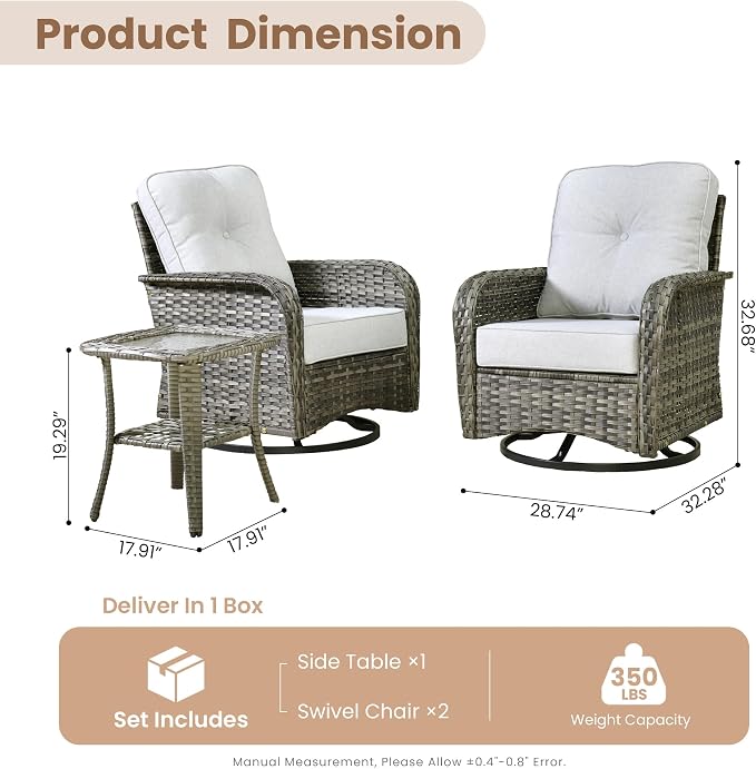 HOOOWOOO Patio Furniture Set,3 Pieces Outdoor Conversation Set,All Weather Wicker High Back Swivel Chairs Bistro Set with Side Table,Light Gray