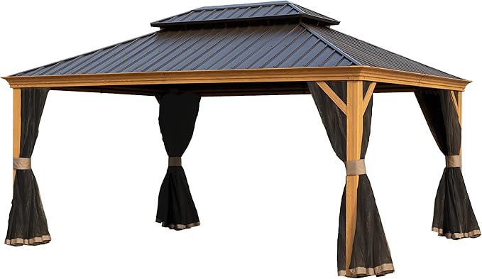 Kozyard Apollo 12’x16’ Hardtop Gazebo, Wooden Coated Aluminum Frame Canopy with Galvanized Steel Double Roof, Outdoor Permanent Metal Pavilion with Netting for Patio Lawn