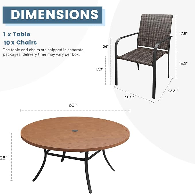 DIFY 11 Piece Outdoor Dining Set, Patio Table and Chairs Set for 10 with Umbrella Hole, 60" Walnut Round Dining Table & Stackable Wicker Patio Chairs, Metal Patio Furniture Set for Garden Backyard