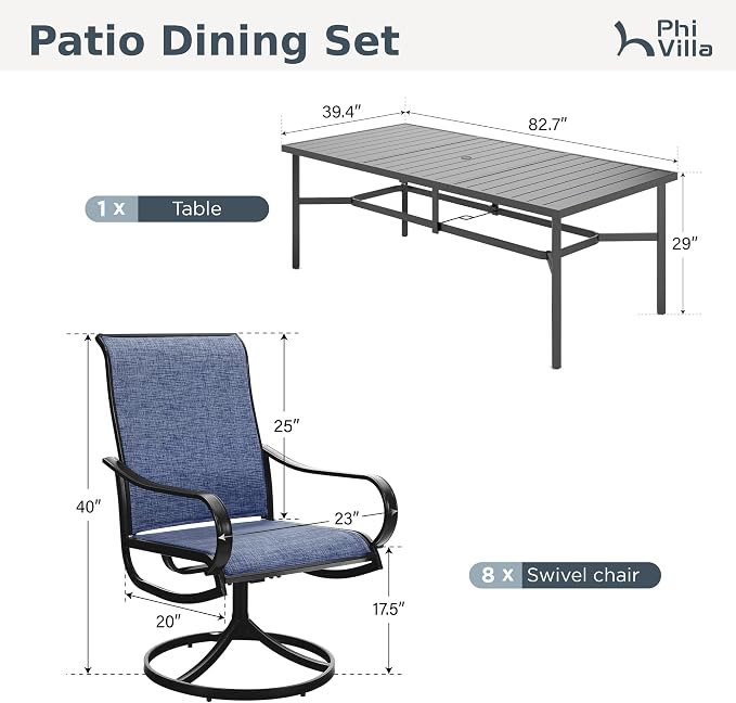 PHI VILLA 9 Piece Outdoor Dining Set, 82'' Metal Table & Blue Swivel Chairs | Textilene mesh chairs and large rectangle table. All-weather patio furniture set designed for patio, deck, backyard