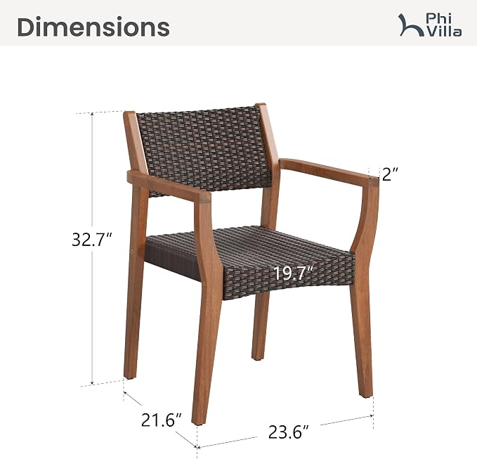 PHI VILLA Patio Acacia Wood Dining Chairs w/Wicker Back & Seat, 2PCS | Teak farmhouse armchairs for outdoor deck, porch, backyard