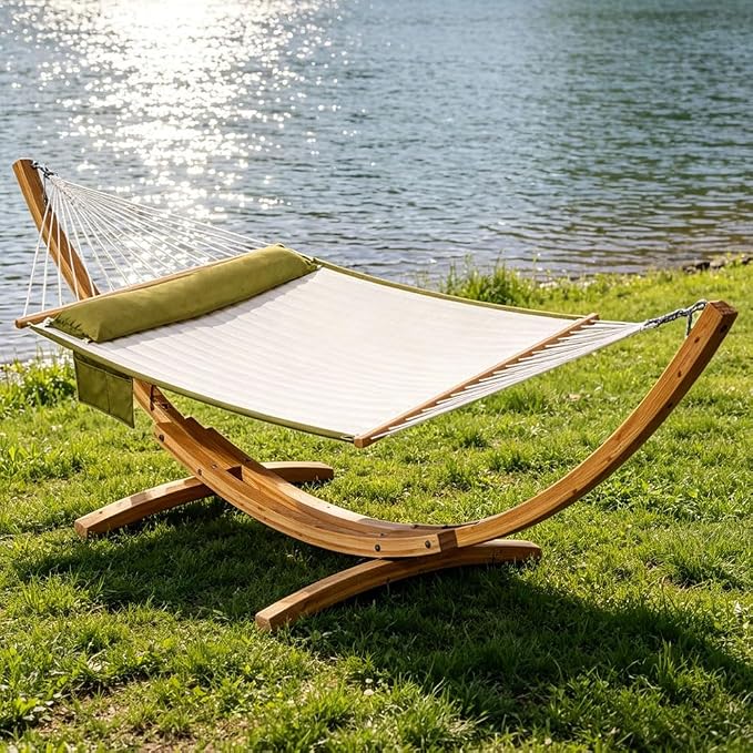 Lazy Daze Hammocks 2 Person Double Quilted Hammock with Spreader Bar, Detachable Pillow & Side Pocket, 450lbs Capacity for Patio Yard Garden Outdoor, Natural & Green