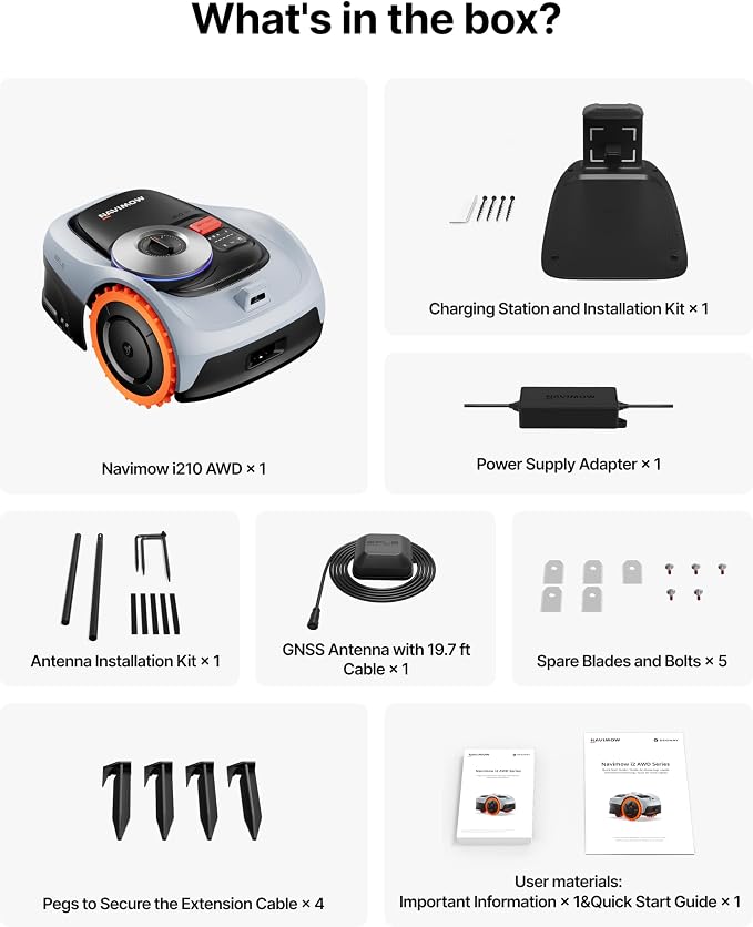 Segway Navimow i210 AWD Robot Lawn Mower, Wire-Free Robotic Mower, All-Wheel Drive for 45% Slopes, 2–3.6 in Adjustable Cutting Height, NRTK + Vision, Auto Mapping, 5.1Ah Battery, Covers 0.25 Acre