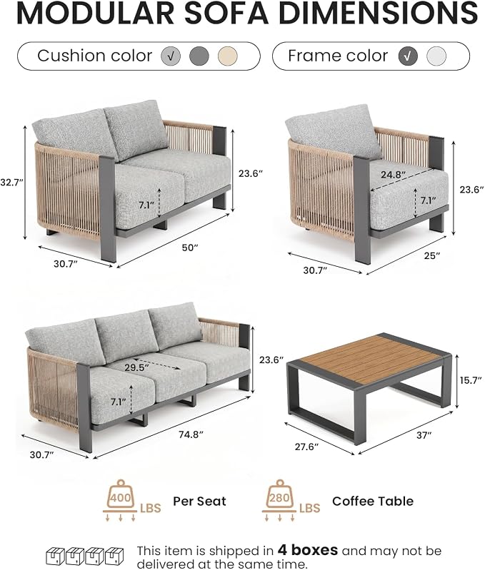 Vexwalx Luxury Patio Furniture Set, 5-Piece Curved Outdoor Furnitrue Set with Weather-Resistant Aluminum Frame and 7.1" Thicker Cushion, Woven Rope Patio Conversation Set for Deck, Garden