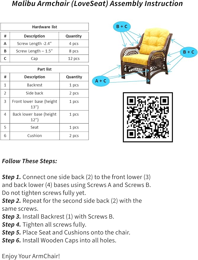 Malibu Lounge Set of 4: 2 Natural Rattan Wicker Chairs, Three-Seater Sofa and Coffee Table with Glass Handmade, Dark Brown Color with Black Leaf Cushions