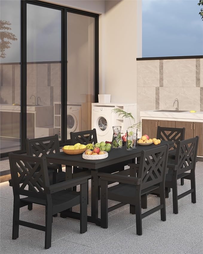 HDPE Outdoor Dining Set for 6,Patio Dining Set with Umbrella Hole,Weather Safe Outdoor Table and Chairs for Garden, Backyard, Poolside Black
