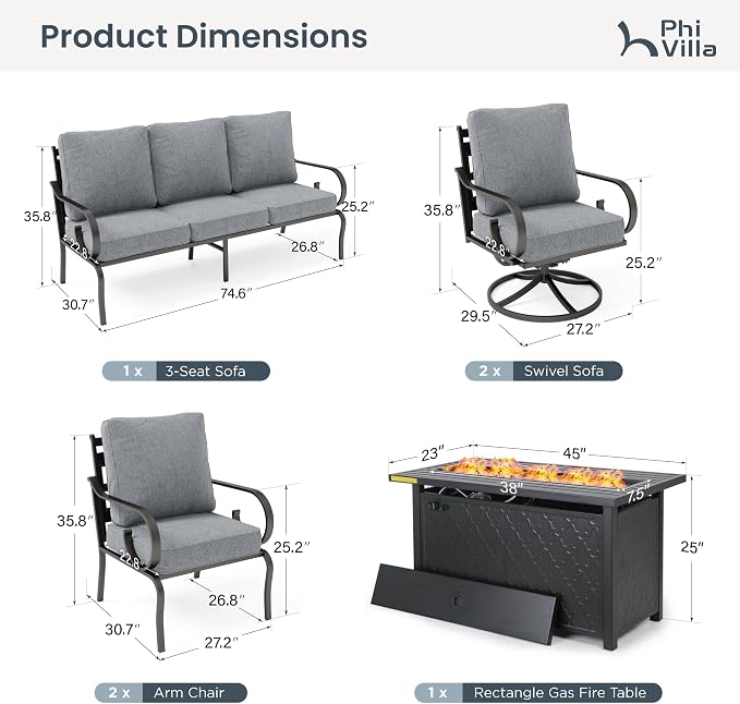 PHI VILLA Patio Furniture Set, 3-Seater Sofa, 2 Fixed Chairs, 2 Swivel Chairs and a 45" Fire Pit Table, Outdoor Metal Conversation Set with 5.75" Extra Thick Cushion for Garden Backyard Deck, Grey