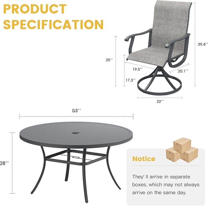 VICLLAX Patio Dining Set for 6, 7 Pieces Outdoor Furniture Includes 53" Round Patio Table with Umbrella Hole and 6 Outdoor Swivel Chairs for Lawn Garden, Grey Tabletop and Grey Fabric