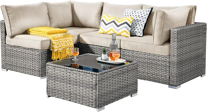 Weaxty 5 Pieces Patio Furniture Sets,Wicker Outdoor Sectional Sofa with Thicken Cushion and Rattan Coffee Table,Patio Conversation Couch Set for Porch, Balcony,Yard, Poolside,Beige