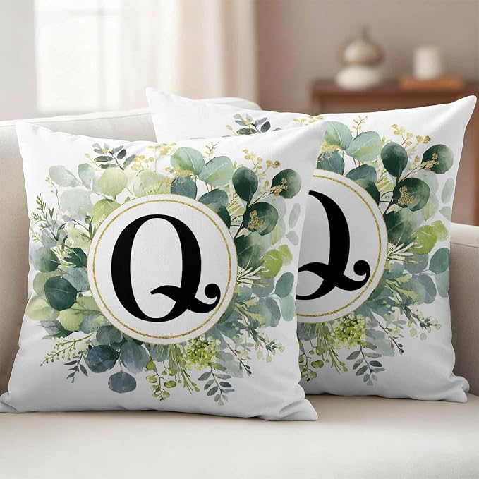 Letter Q Waterproof Outdoor Pillow Covers Set of 2 Home Decor, Alphabet Green Eucalyptus Leaves Lumbar Pillowcase Patio Pillow Covers for Couch Bench Patio Furniture Garden 20x20in