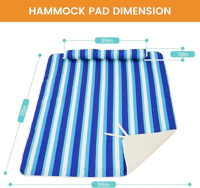 Lazy Daze Hammocks 2 Person Hammock Pad and Pillow Set, Double Polyester Quilted 78" x55" Replacement Pad for Rope Hammock, Ocean Stripes