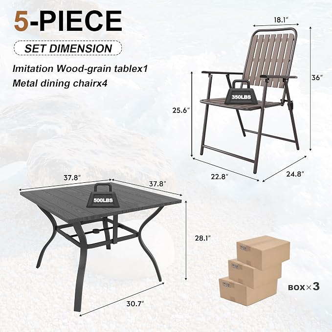 Outdoor Dining Set for 4, Patio Table and Foldable PP Chairs Set with 1.97'' Umbrella Hole, 5pcs Patio Furniture Set 37.8”x37.8” Dining Table Set with No Assembled Chairs for Porch Deck Backyard Pool